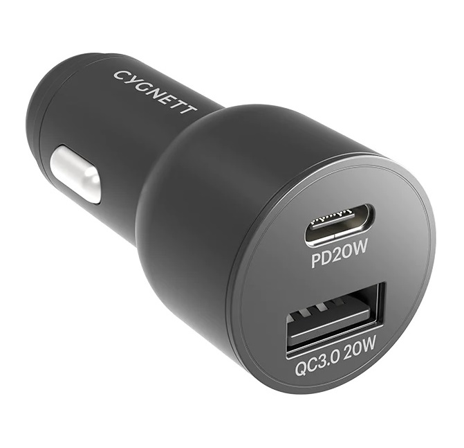 Cygnett CarPower 20W Dual Port Fast Car Charger USB-C PD + USB-A QC 3.0 Black CY3637CYCCH