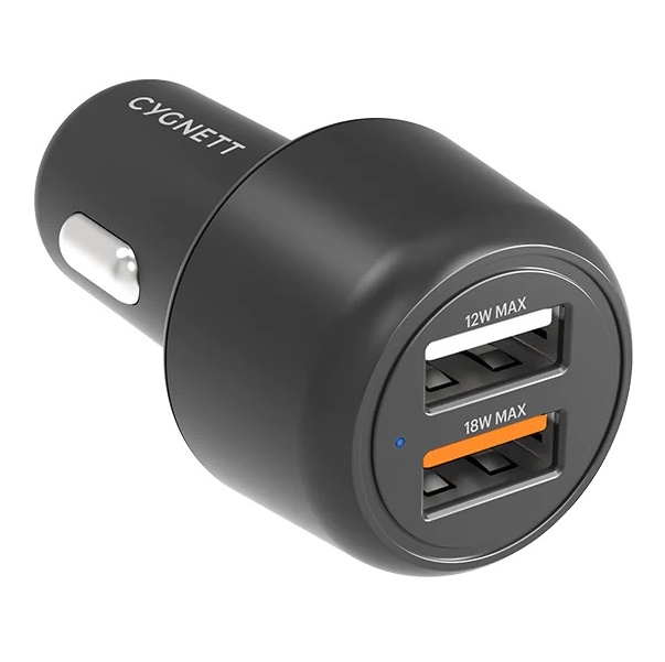Cygnett CarPower 30W Dual Port USB-A Car Charger with 18W QC 3.0 & 12W Output, Compact & Fast Charging