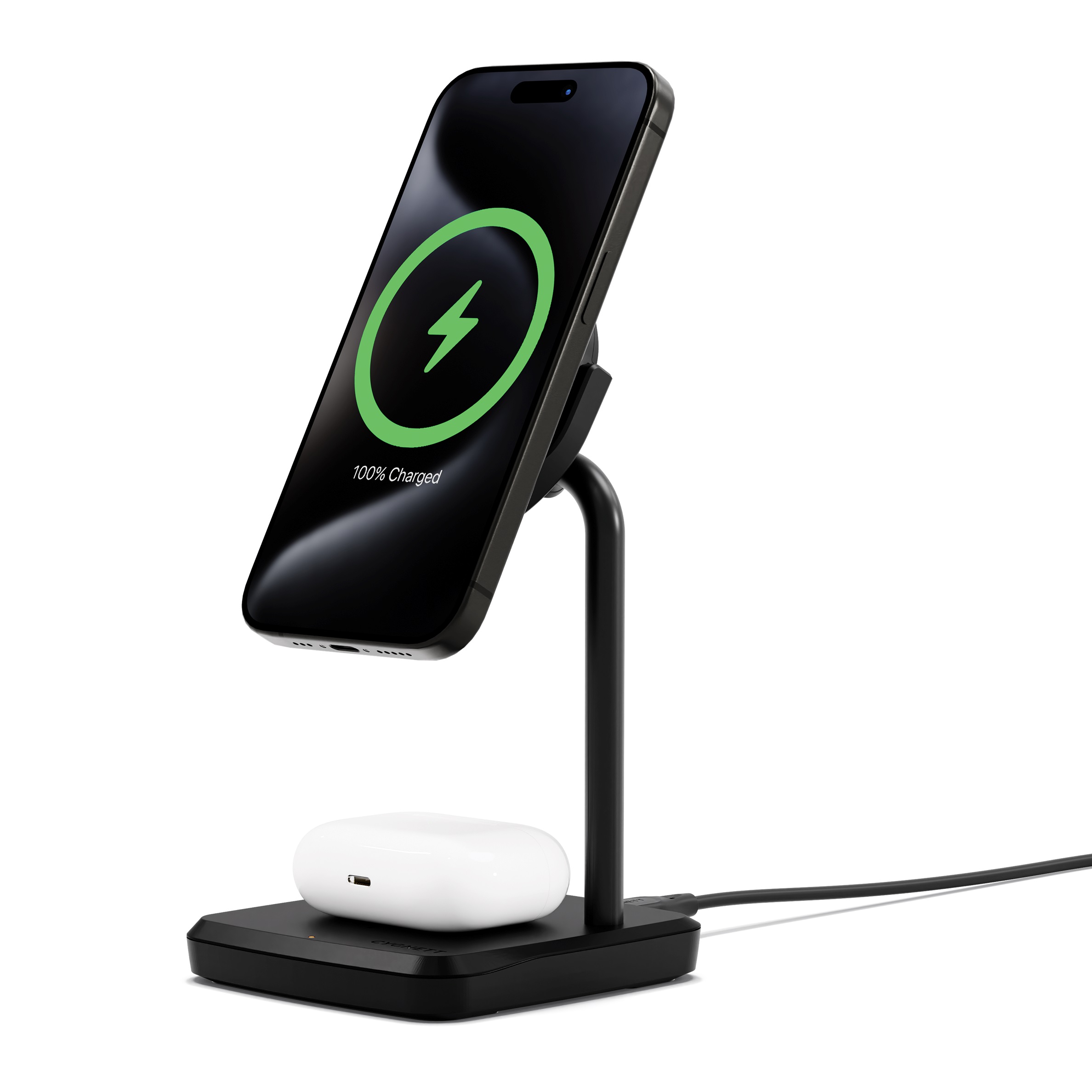 Cygnett ChargeBase Qi2 2-in-1 Magnetic Wireless Charger 15W Fast Charging with 80° Swivel Head, USB-C Cable & 25W Wall Charger - Black