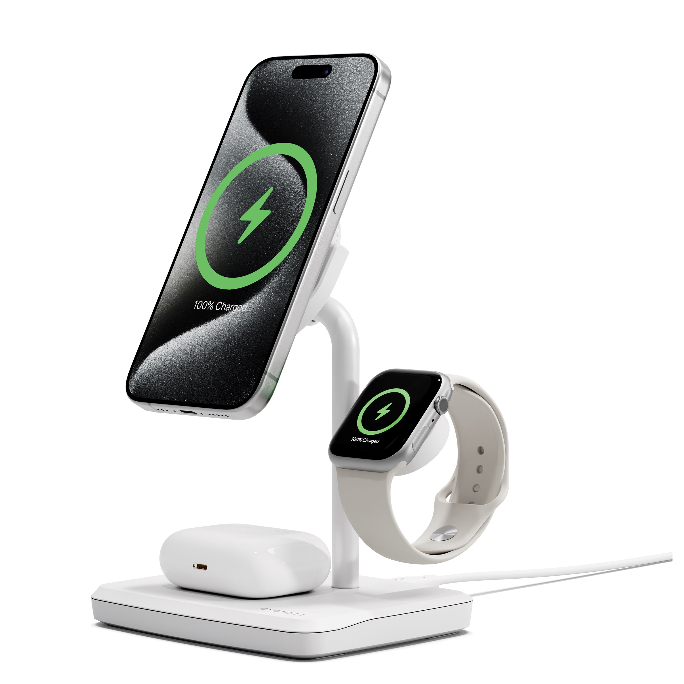 Cygnett ChargeBase Qi2 3-in-1 Magnetic Wireless Charger 15W Fast Charging for iPhone, AirPods & Apple Watch - White