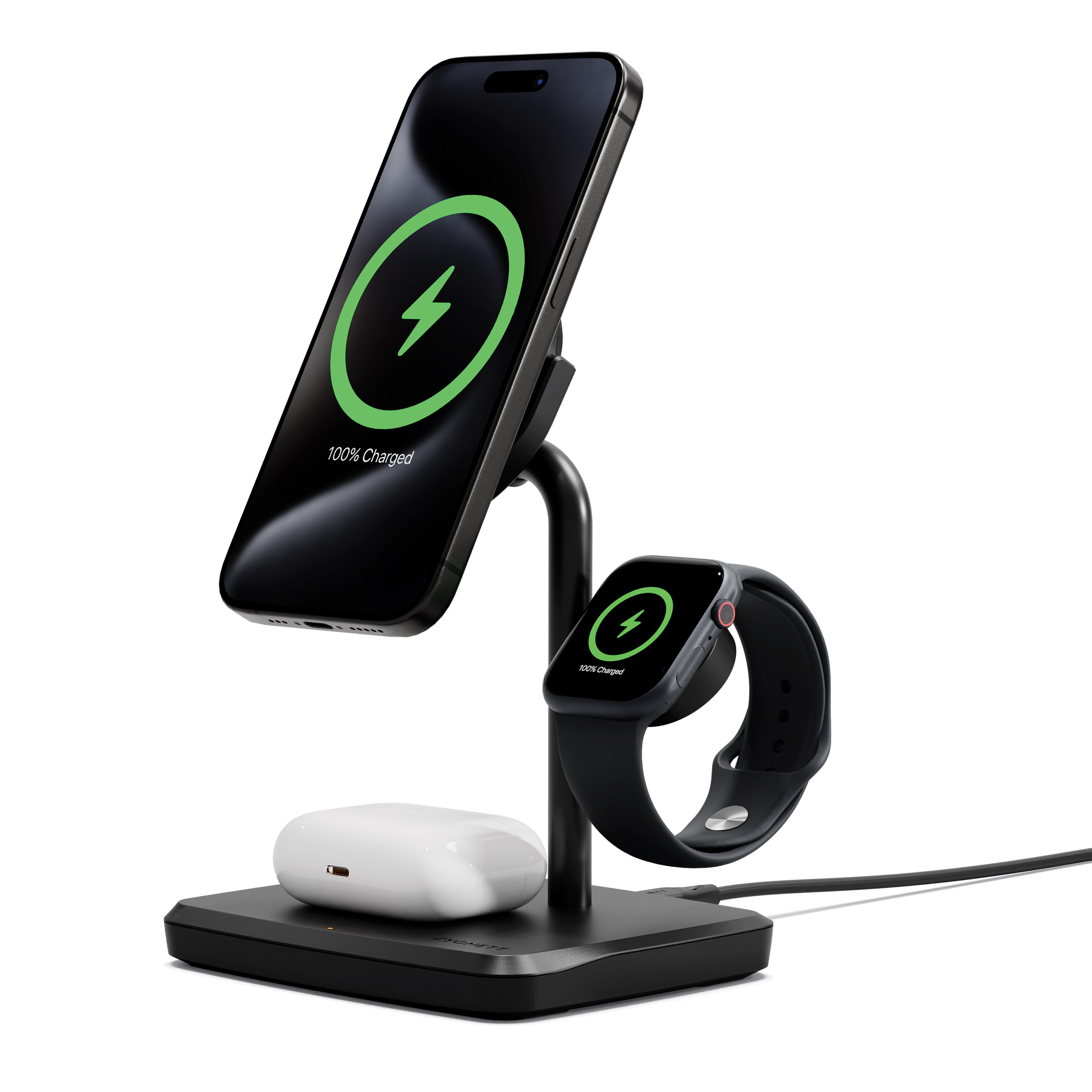 Cygnett ChargeBase Qi2 3-in-1 Magnetic Wireless Charger 15W Fast Charging with 80° Swivel Head & 5W Watch Charger - Black
