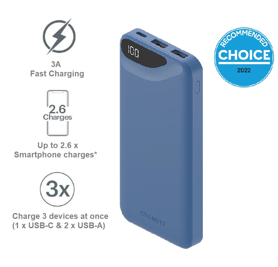 Cygnett ChargeUp Boost 10,000mAh Power Bank Blue - 3 Device Fast Charging, USB-C 15W & Dual USB-A 12W Ports