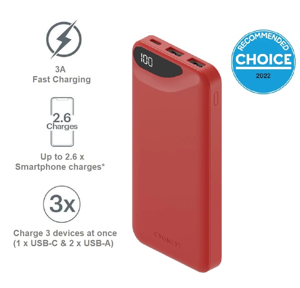 Cygnett ChargeUp Boost 3rd Gen 10,000mAh Power Bank Red - USB-C 15W, 2x USB-A 12W, Digital Display