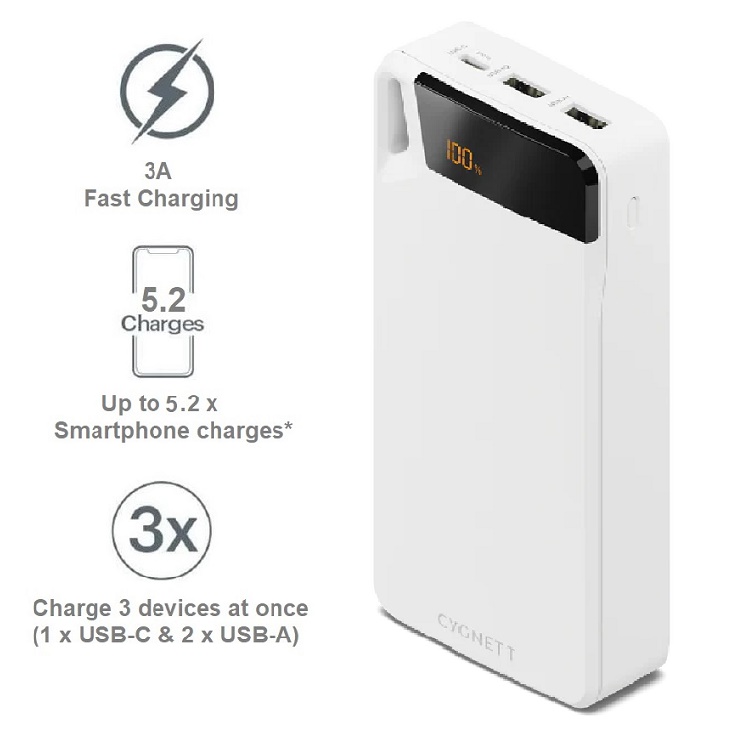 Cygnett ChargeUp Boost 4th Gen 20,000mAh Portable Power Bank with Triple USB Ports (2x USB-A + 1x USB-C), 15W Fast Charging, Digital Display, White