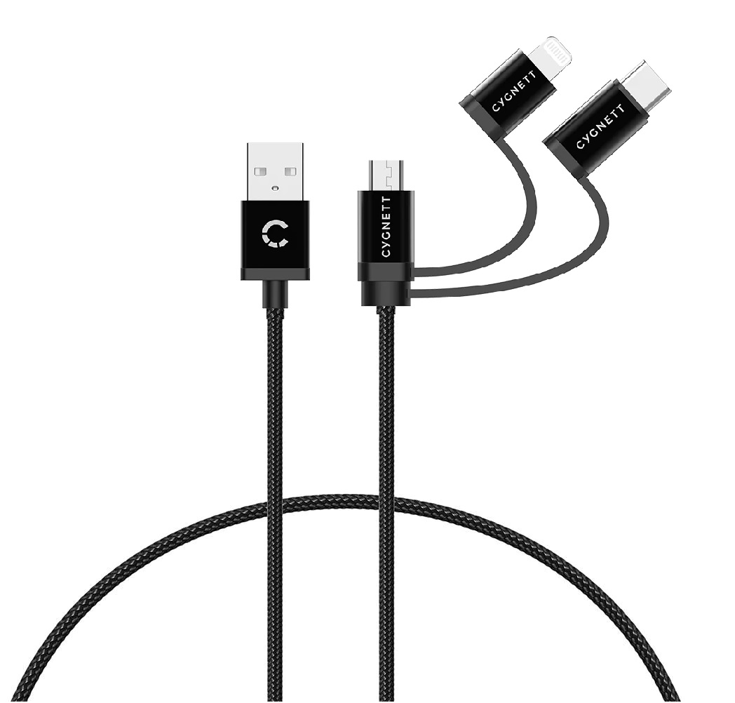 Cygnett Essentials 3-in-1 USB-A to Lightning, USB-C & Micro-USB Cable 1M Black – 2.4A/12W Fast Charging, 480Mbps Data Transfer, Durable & Travel-Ready