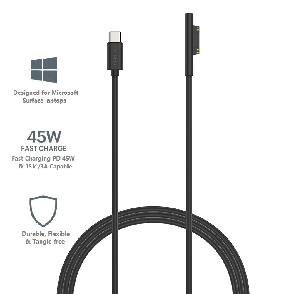Cygnett Essentials USB-C to Microsoft Surface Laptop Cable 1M - 45W Fast Charging, Magnetic Connection, Black CY3034USCMS