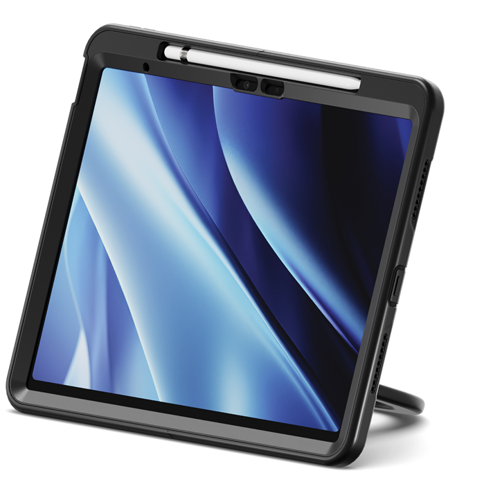 Cygnett GripStand Heavy Duty Case for Apple iPad Air 13" (M2/M3) with Built-In Screen Protector, 360° Rotating Kickstand, Adjustable Hand Strap, Stylus Holder - Black