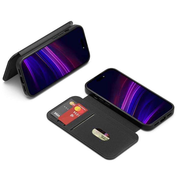 Cygnett MagWallet Leather Wallet Case for iPhone 16 Pro (6.3") - 360° Protection, 3 Card Slots, Multi-Angle Stand, MagSafe Compatible, Black