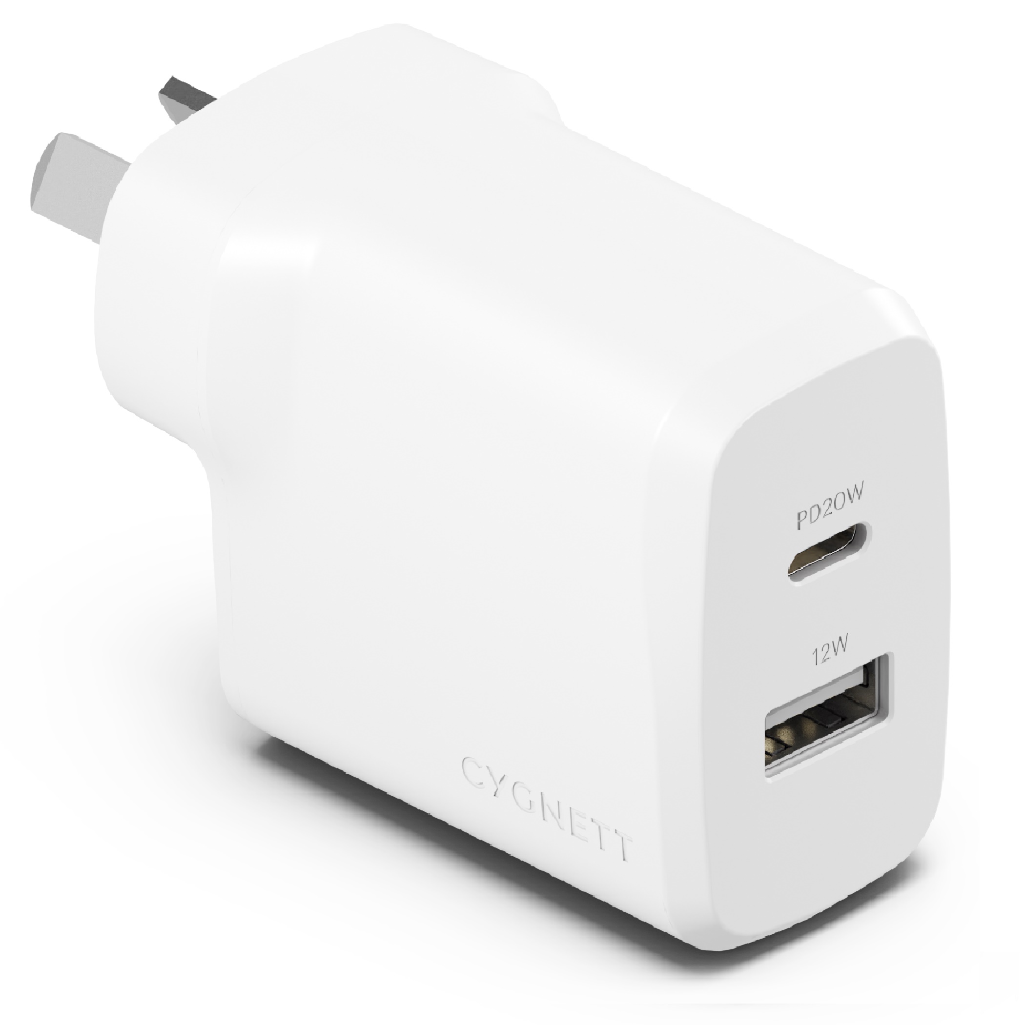 Cygnett PowerPlus 32W Dual Port Fast Wall Charger with 20W USB-C PD + 12W USB-A, Portable Palm-Size USB Charger, Model CY4772PDWCH
