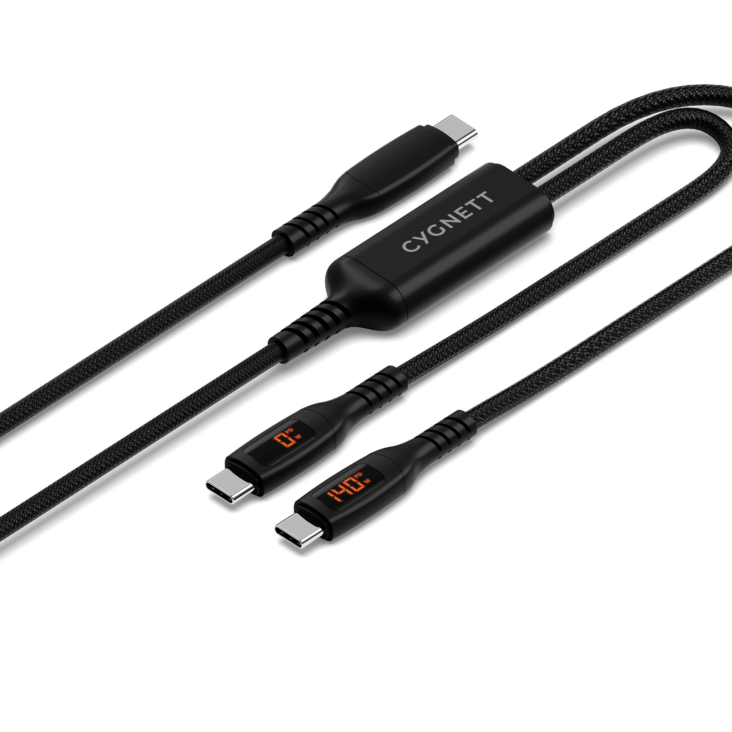 Cygnett Unite Intelli USB-C to Dual USB-C Split LED Cable 1.5M - 140W Fast Charging, USB-C 2.0, Dual LED Displays, Braided Nylon, 2 Yr Warranty