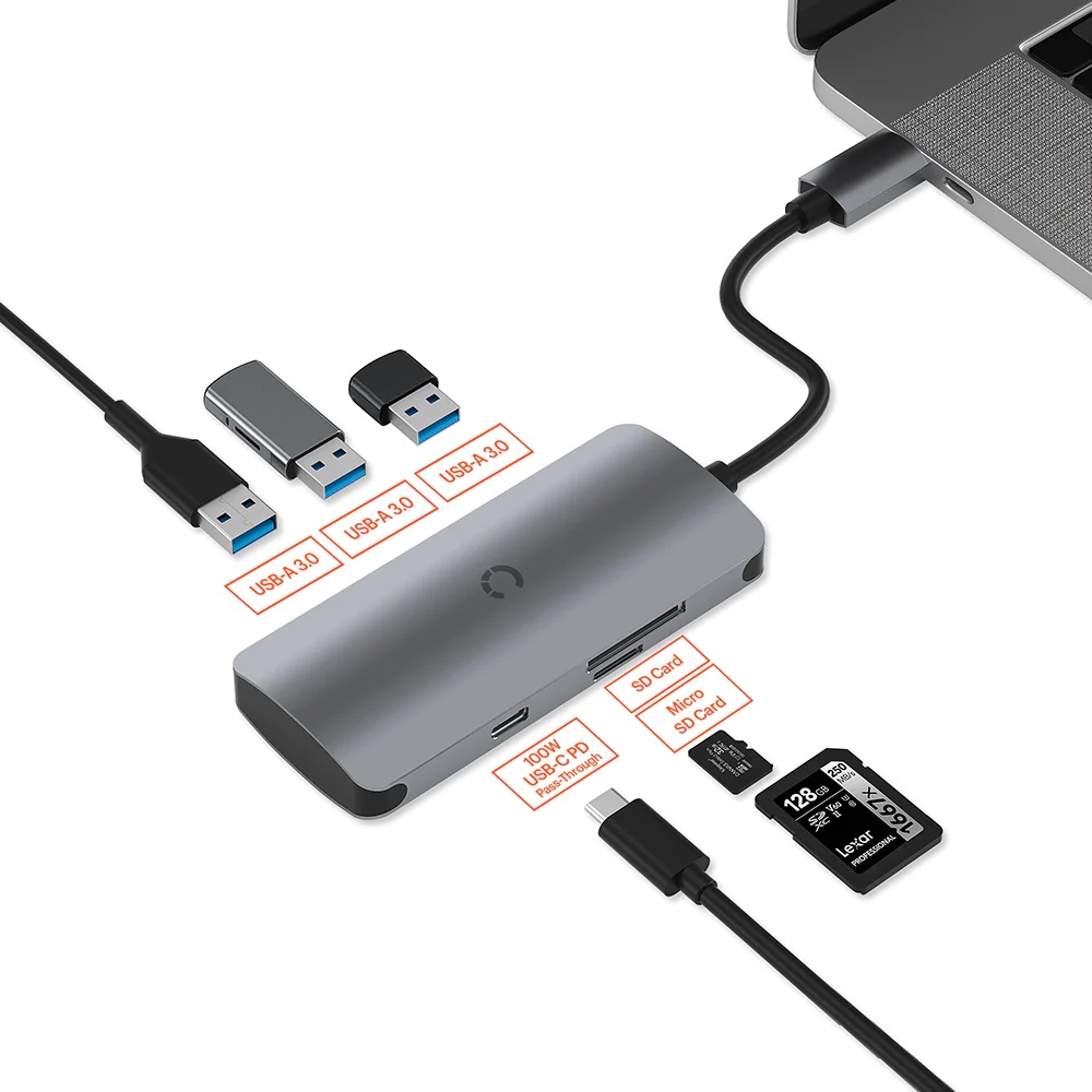 Cygnett Unite SlimMate 6-in-1 USB-C Multiport Hub Adapter Dock with 100W PD, 3 USB-A 3.0 Ports, SD & MicroSD Card Slots, 15cm Cable, 2-Year Warranty