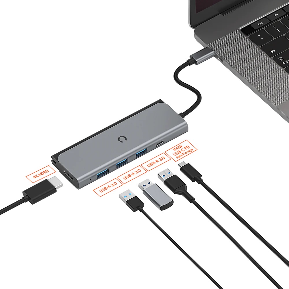 Cygnett Unite TravelMate 5-in-1 USB-C Multiport Hub Adapter Dock with 100W Power Delivery, 3 USB-A 3.0 Ports, 4K HDMI Output, and 15cm Wrap-Around Cable