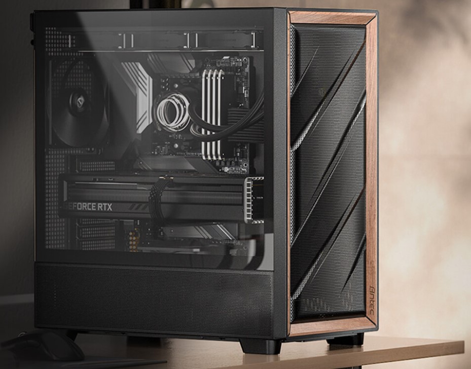 Antec Flux Mid Tower PC Case with Premium Walnut Trim, 5x PWM ARGB Fans, Ultra Cooling Design, and ARGB Controller