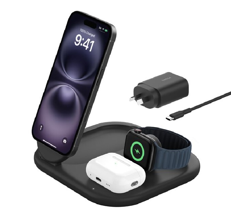 Belkin BoostCharge 3-in-1 Magnetic Foldable Qi2 Wireless Charger 15W with 36W USB-C Power Supply & 1.5M USB-C Cable - Black