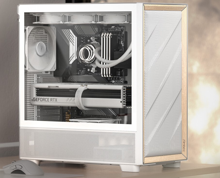 Antec FLUX Mid Tower PC Case White with Premium Birch Trim, 5x White PWM Performance Fans, ARGB Controller, Ultra Cooling Design