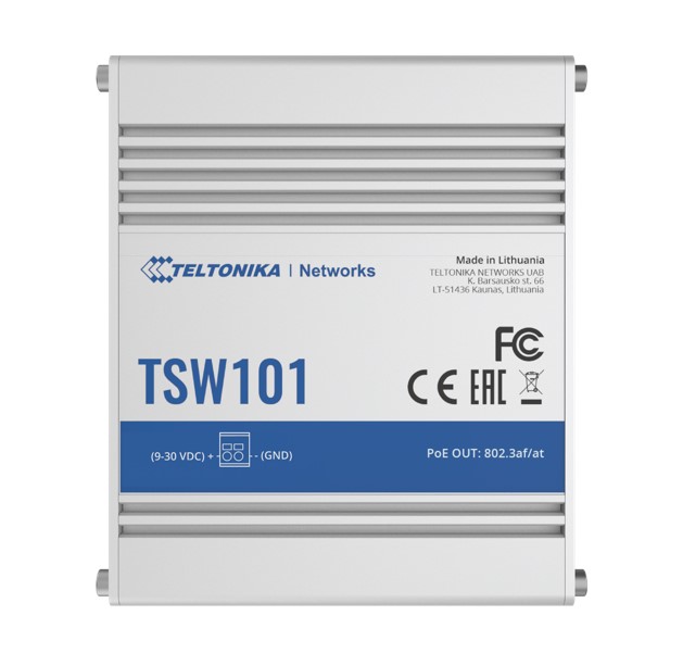Teltonika TSW101 Automotive PoE+ Switch with 4 PoE+ Ports and 5 Gigabit Ethernet Ports - Rugged Unmanaged Switch for 12V/24V Vehicles, Up to 1000 Mbps