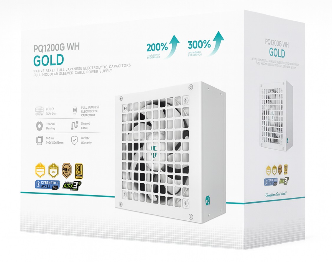 DeepCool PQ1200G WH 1200W Fully Modular ATX12V V3.1 Power Supply 80+ Gold & Cybenetics Certified with 120mm FDB Fan and Japanese Capacitors