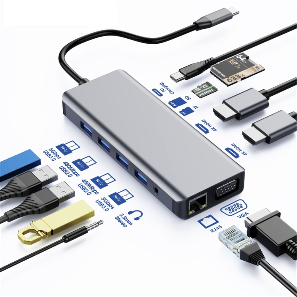 Astrotek USB-C Dock 12-in-1 Multiport Hub with Dual 4K HDMI, VGA, Gigabit Ethernet, USB 3.0/2.0, SD/TF Card Reader & 100W PD for MacBook & Windows Laptops