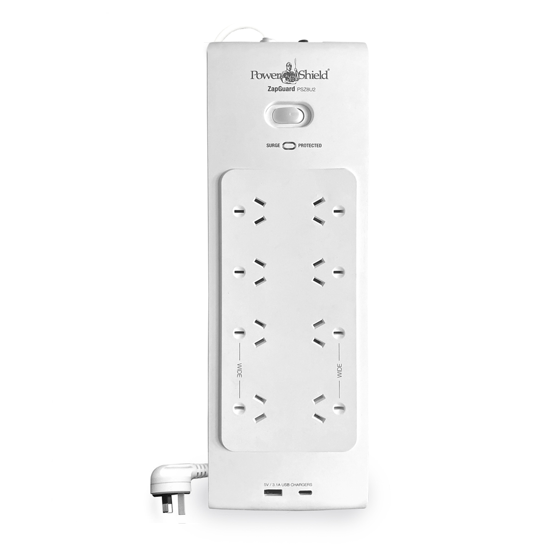 PowerShield ZapGuard PSZ8U2 8-Way Power Surge Protector with USB A & C Ports, 2100J Surge Rating, Wall Mountable, $60K Connected Equipment Warranty