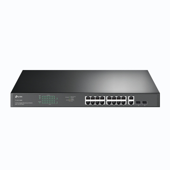 TP-Link TL-SG1218MP 18-Port Gigabit Rackmount Switch with 16 PoE+ Ports, 2 Non-PoE RJ45 Ports & 2 Combo Gigabit SFP Slots, 250W Power Budget, Rackmountable