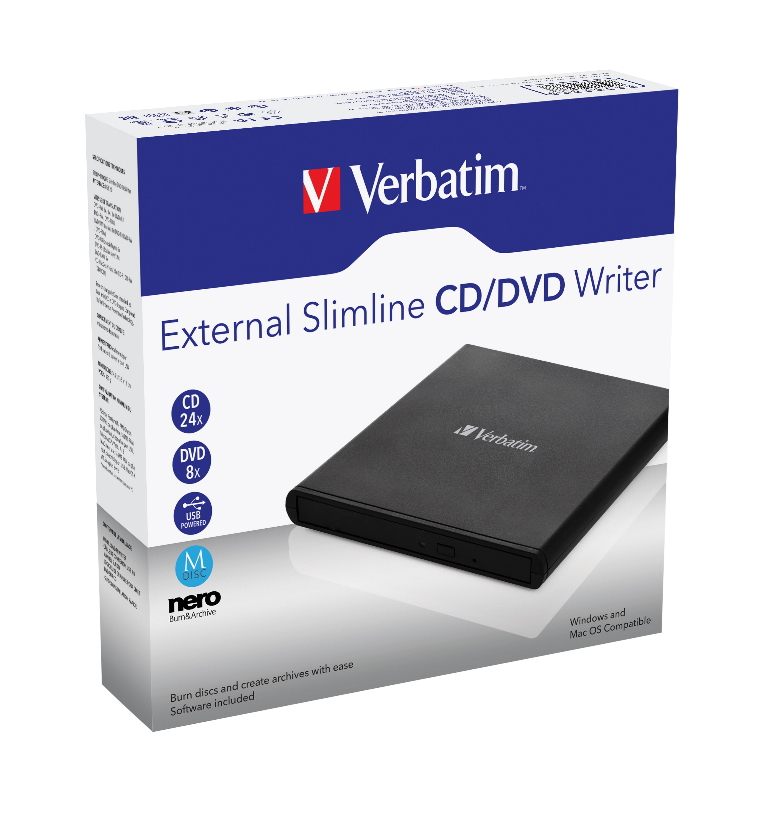 Verbatim External Slimline DVD/CD Writer Burner - USB Powered, M-Disc Ready, 8X DVD 24X CD Write Speeds, Ultra Portable for Notebooks with Nero Software