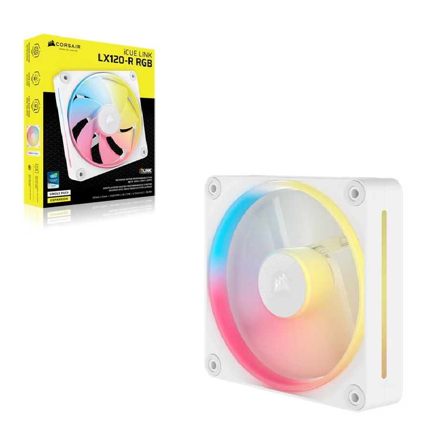 Corsair iCUE LINK LX120-R RGB 120mm PWM Reverse Fan Expansion - White, 66.7 CFM, 2400 RPM, Magnetic Dome Bearing