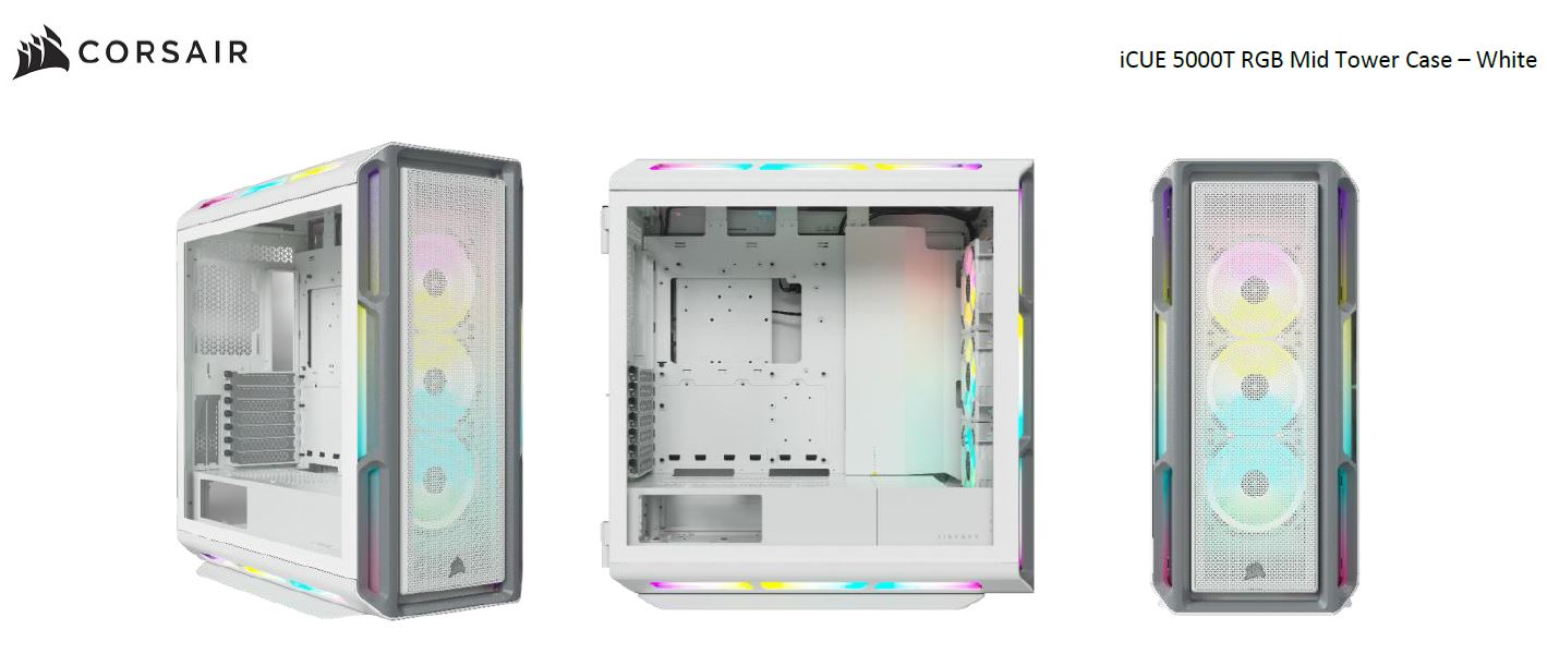 Corsair iCUE 5000T RGB White Mid-Tower ATX PC Case with 208 RGB LEDs, USB Type-C, RapidRoute Cable Management & Maximum Cooling
