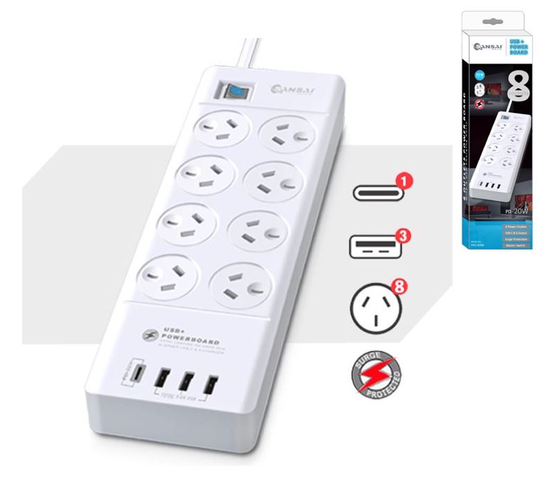 Sansai 8 Outlet Powerboard with 3 USB-A & 1 USB-C PD 20W Fast Charging, Surge & Overload Protection, Master On/Off Switch, 1m Lead