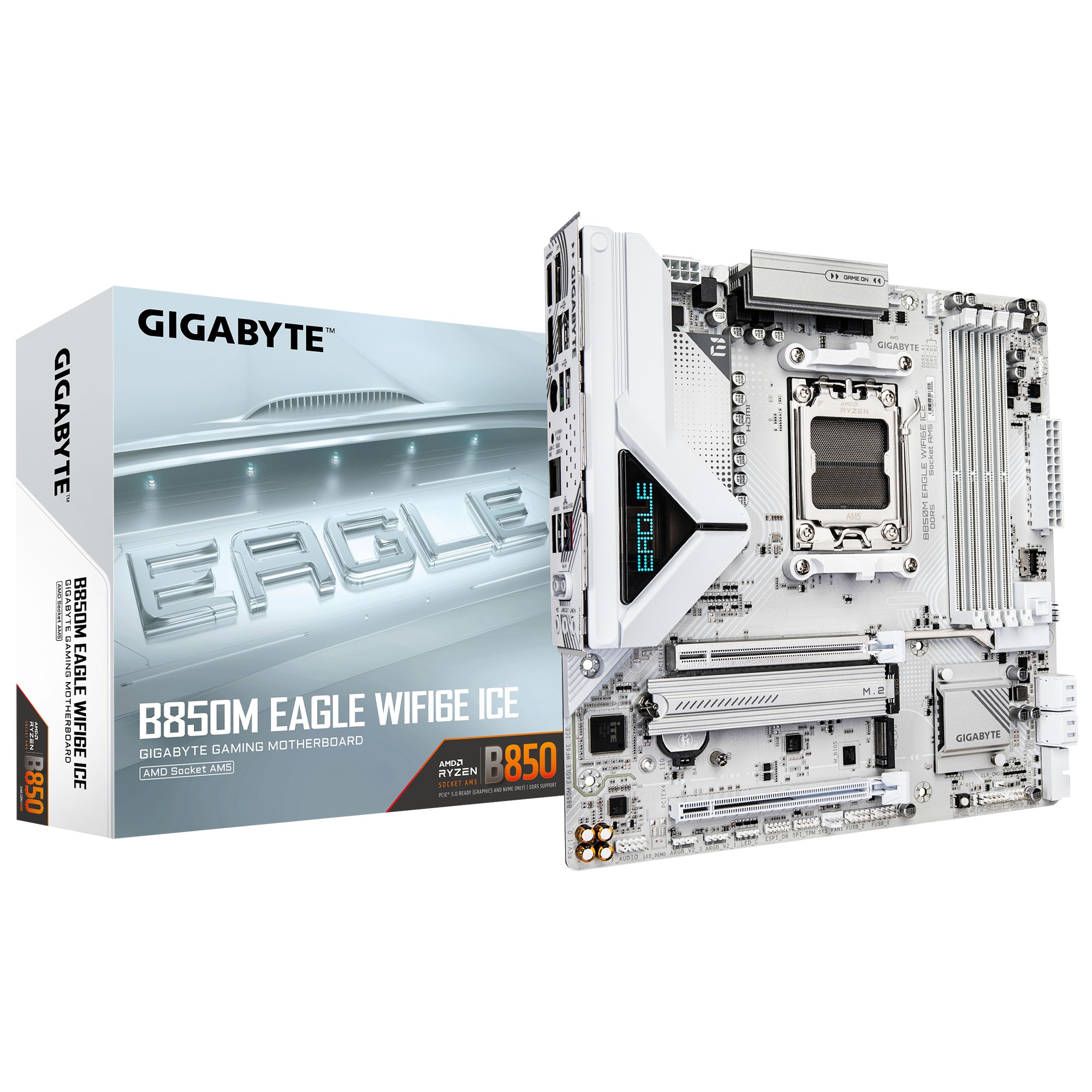 Gigabyte B850M EAGLE WIFI6E ICE Micro-ATX AMD AM5 Motherboard with DDR5 8200(OC) Support, PCIe 5.0 x16, Dual M.2, Wi-Fi 6E, 2.5GbE LAN, HDMI 2.1