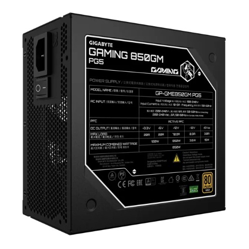 GIGABYTE GAMING 850GM PG5 850W 80+ Gold ATX3.1 PCIe5 16pin APFC 90% 135mm FDB 2xEPS 4xPCIe 8xSATA OVP OPP SCP UVP OCP OTP 100k MTBF FM