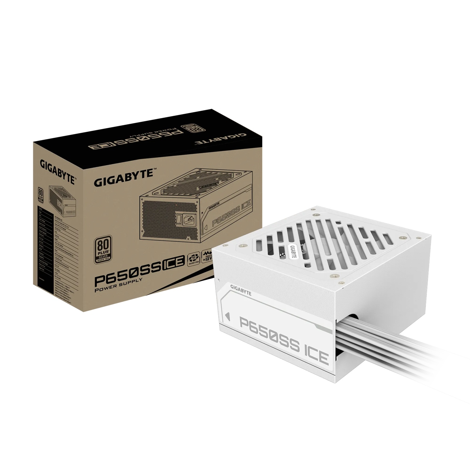 Gigabyte GP-P650SS ICE 650W ATX 12V v3.0 Power Supply 80 Plus Silver Certified, 120mm FDB Fan, White Flat Cable