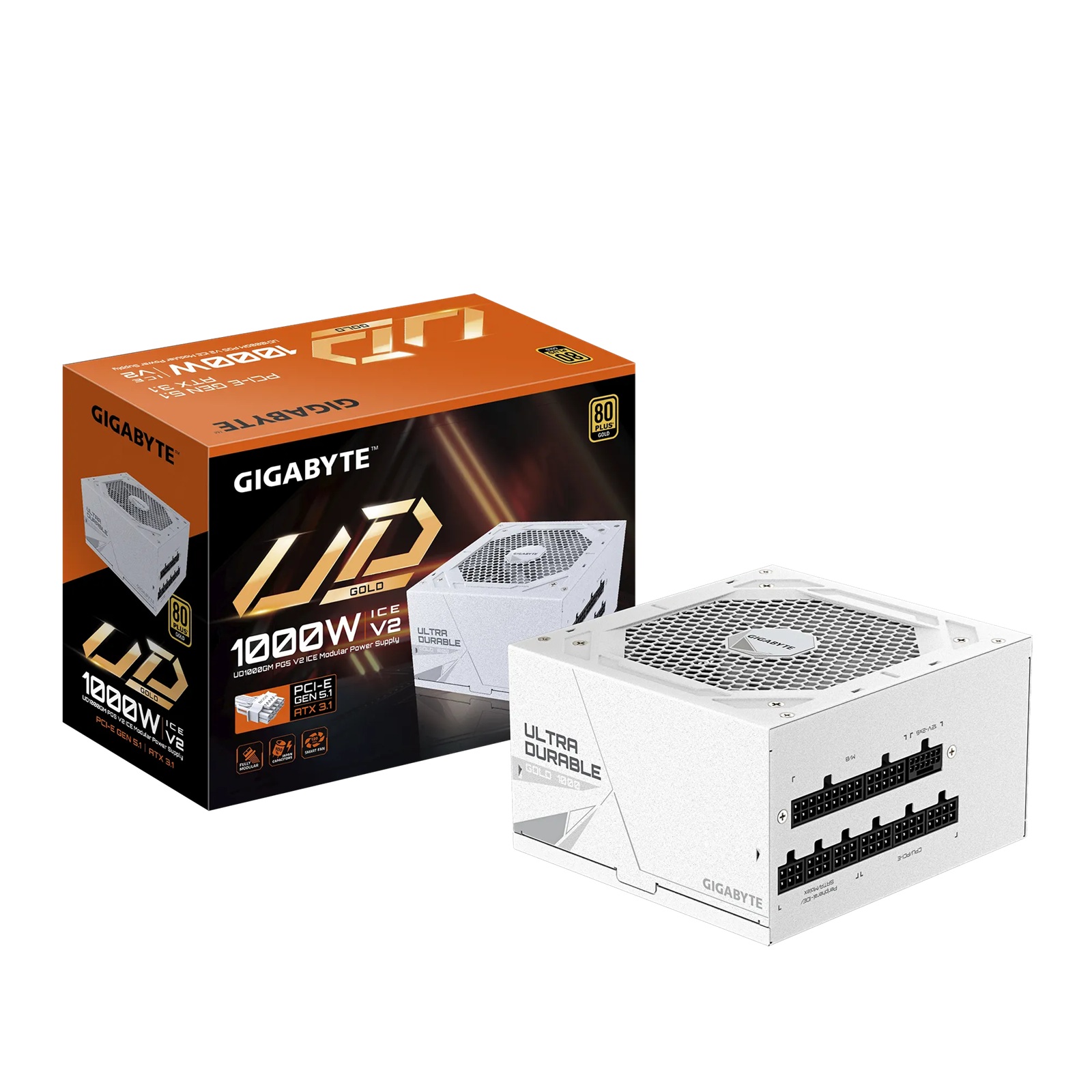 GIGABYTE UD1000GM PG5 ICE 1000W Fully Modular ATX 12V PSU 80 PLUS Gold Certified with PCIe Gen 5.0 Native 16-pin Connector