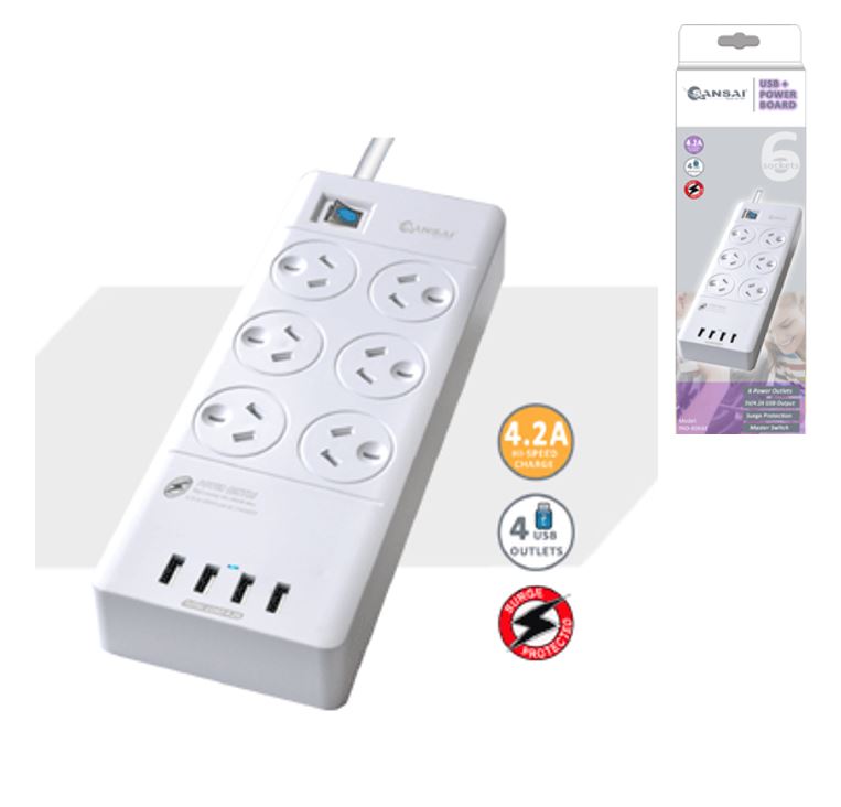 Sansai 6 Outlets Surge Protected Powerboard with 4 USB Ports, Master On/Off Switch, 230-240VAC 10A 2400W Surge Protection 375J PAD-4066E