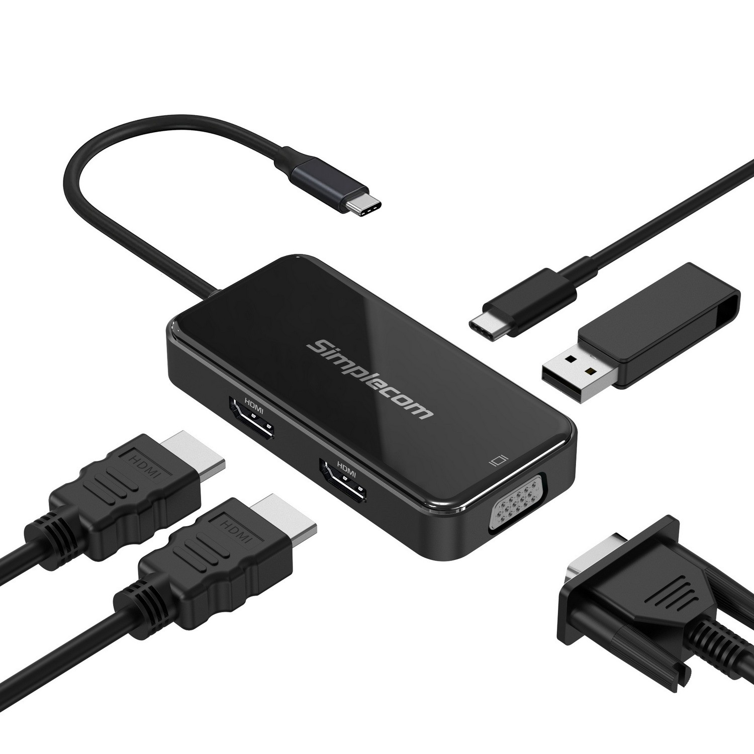 Simplecom DA451 5-in-1 USB-C Multiport Adapter MST Hub with Dual HDMI 4K@30Hz, VGA 1080p, USB-A 5Gbps & 100W PD Charging