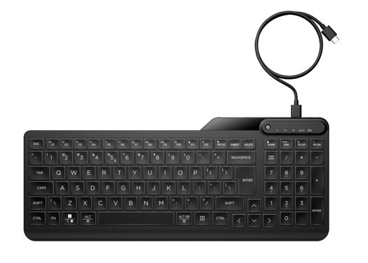 HP 405 Multi-Device Backlit Wired Keyboard with Removable USB-C Cable, Full-Size Numpad, Warm White LED Light, Multi-OS Compatible, 150cm Cable - Black