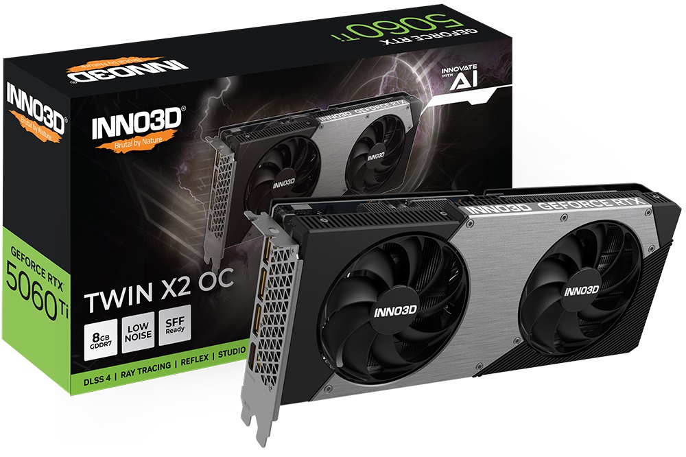 INNO3D GeForce RTX 5060 Ti TWIN X2 OC 8GB GDDR7 Graphics Card with 2602MHz Boost Clock, 128-bit 448GB/s Memory, 3x DisplayPort 2.1b, 1x HDMI 2.1b
