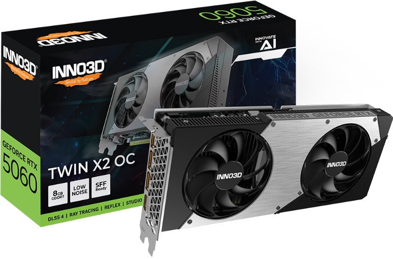 INNO3D GeForce RTX 5060 TWIN X2 OC 8GB GDDR7 Graphics Card – 2527MHz Boost, 28Gbps Memory, 3x DisplayPort 2.1b, 1x HDMI 2.1b