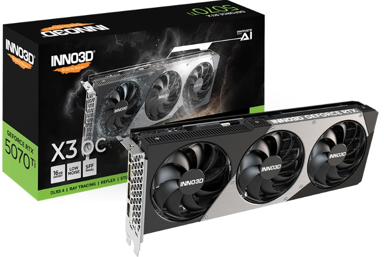 INNO3D GeForce RTX 5070 Ti X3 OC 16GB GDDR7 28 Gbps, 2482 MHz Boost Clock, Triple-Fan Cooling, 3x DP 2.1b, 1x HDMI 2.1b Graphics Card