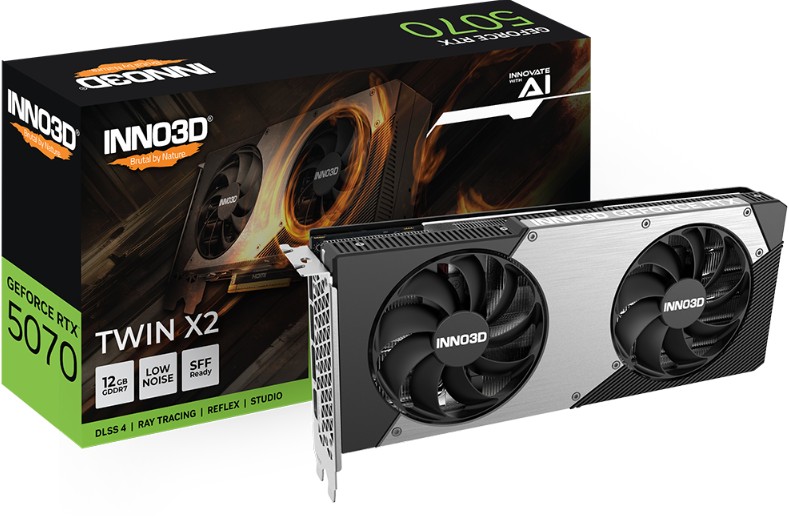 INNO3D GeForce RTX 5070 TWIN X2 12GB GDDR7 GPU – 2512 MHz Boost, 672 GB/s Bandwidth, 3x DisplayPort 2.1b, 1x HDMI 2.1b, PCIe Gen 5
