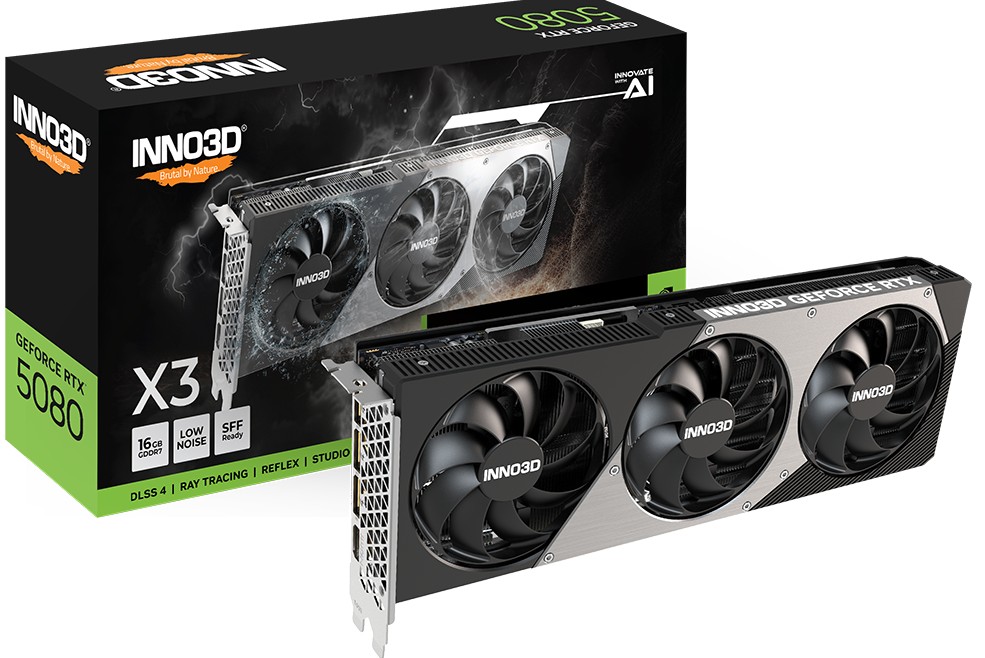 INNO3D GeForce RTX 5080 X3 16GB GDDR7 PCIe Gen 5 Graphics Card with 2617 MHz Boost Clock, 30 Gbps Memory, 3x DisplayPort 2.1b & 1x HDMI 2.1b