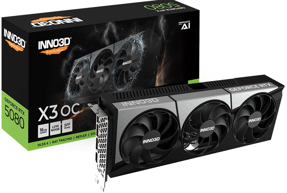 INNO3D GeForce RTX 5080 X3 OC 16GB GDDR7 30 Gbps, 2640 MHz Boost Clock, PCIe Gen5, 3x DisplayPort 2.1b, 1x HDMI 2.1b Graphics Card