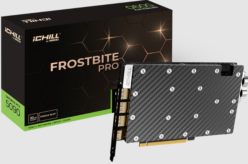 INNO3D GeForce RTX 5090 iCHILL FROSTBITE PRO 32GB GDDR7 Liquid-Cooled GPU with 2407MHz Boost Clock, 3x DisplayPort 2.1b, 1x HDMI 2.1b - Single Slot, Compact High-Performance Graphics
