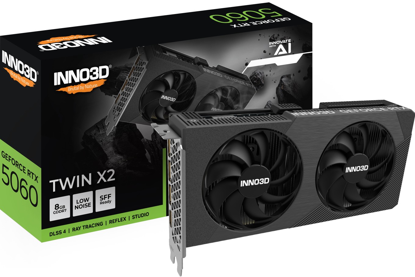 INNO3D GeForce RTX 5060 TWIN X2 V2 8GB GDDR7 GPU, 2497MHz Boost, 3xDP 2.1b, 1xHDMI 2.1b, Compact Dual-Fan Design