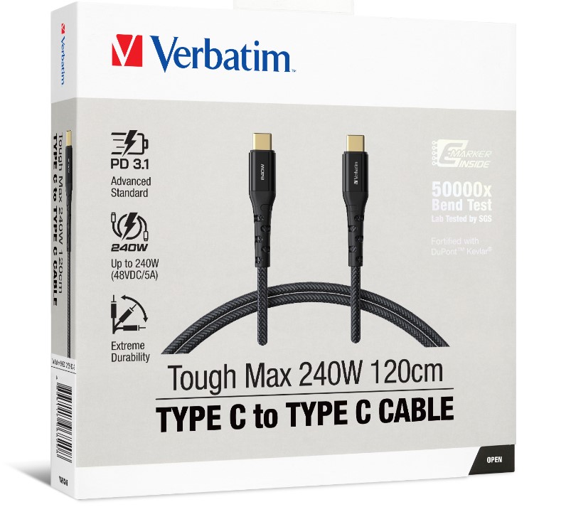 Verbatim 240W USB-C to USB-C 120cm Cable with PD 3.1, QC 4.0/3.0, Kevlar Reinforced, USB4 Data Transfer