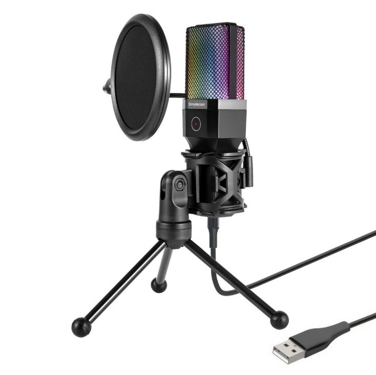 Simplecom UM650 USB Cardioid Condenser Microphone with RGB Lights, Tripod Stand & Pop Filter for Gaming and Podcasting