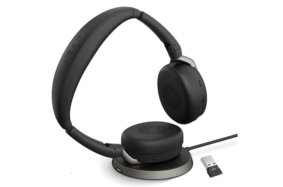 Jabra Evolve2 65 Flex MS Stereo Bluetooth Headset with Link380a USB-A Dongle, Wireless Charging Stand, Foldable Design, 21H Battery, 30m Range