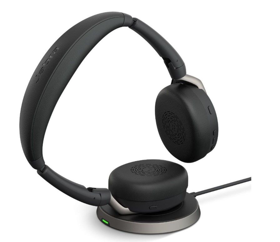 Jabra Evolve2 65 Flex UC Stereo Bluetooth Headset with Link380c USB-C Dongle & Wireless Charging Stand, Foldable Design, Hybrid ANC, 2-Year Warranty
