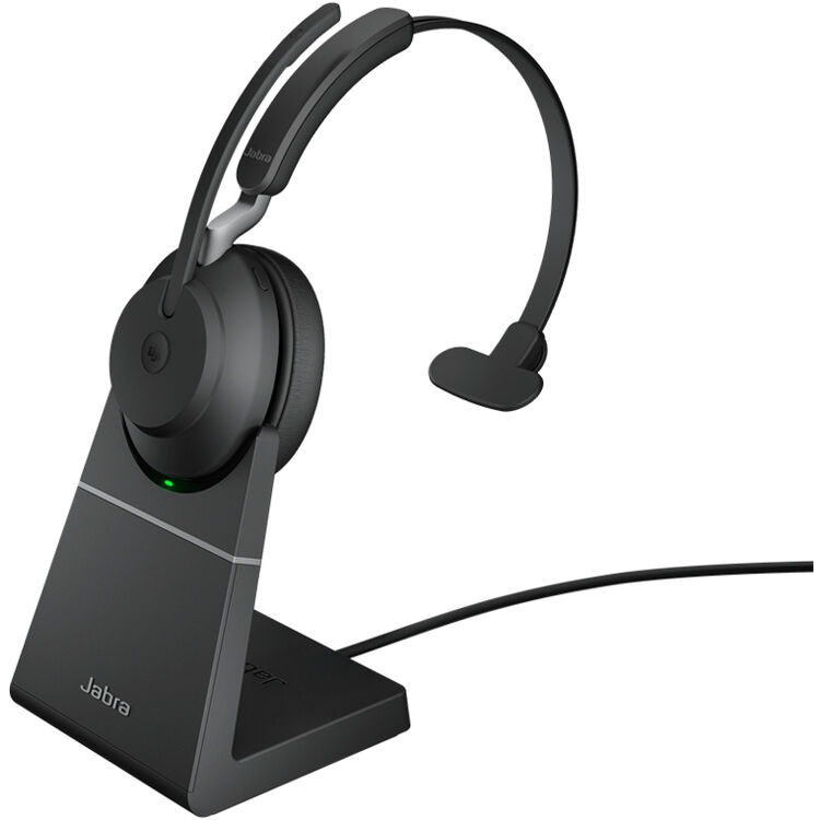 Jabra Evolve2 65 MS Teams Mono Wireless Bluetooth Headset with Link 380 USB-A Adapter and Charging Stand - 37 Hours Battery, Passive Noise Cancelling, 3-Microphone Call Technology