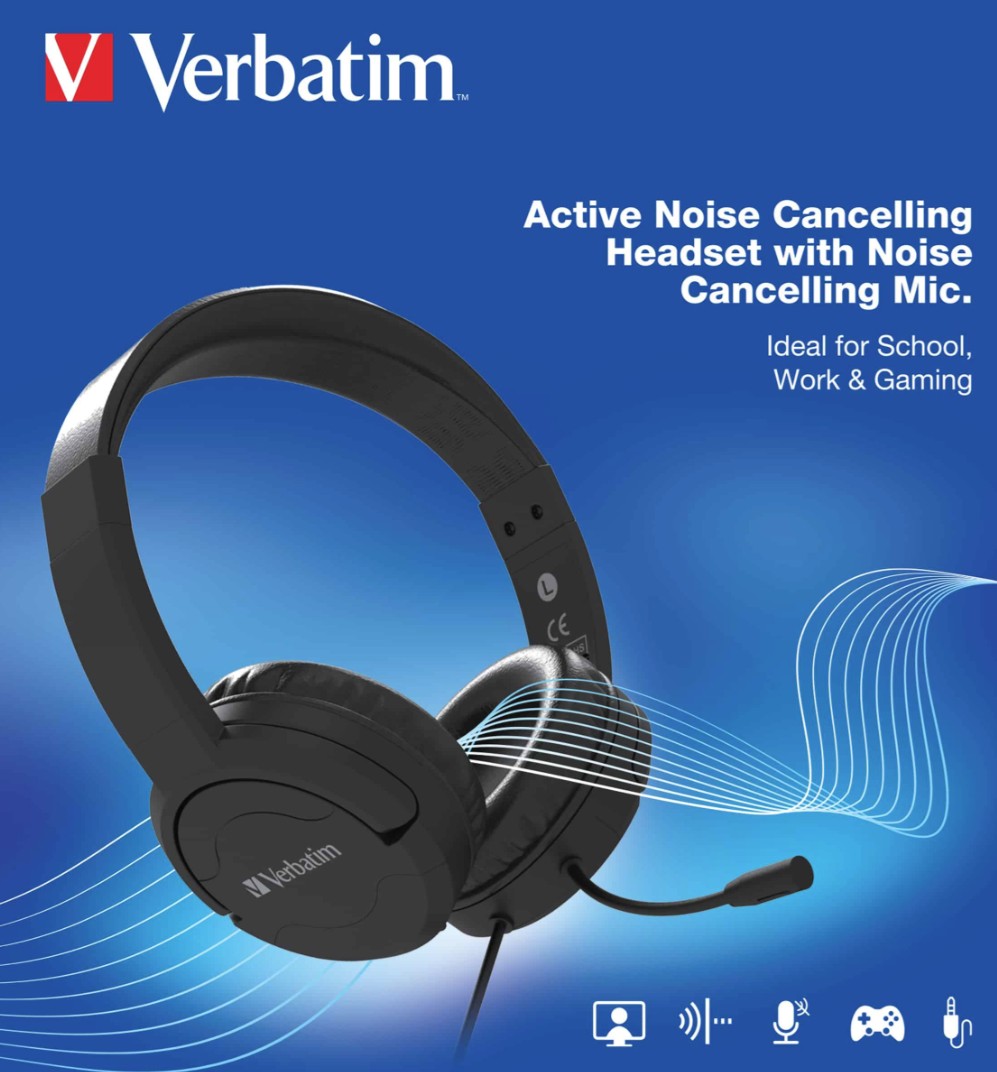 Verbatim Multimedia Headset with Active Noise Cancelling Boom Mic, Over-Ear, 3.5mm Jack, Inline Volume Control - Black