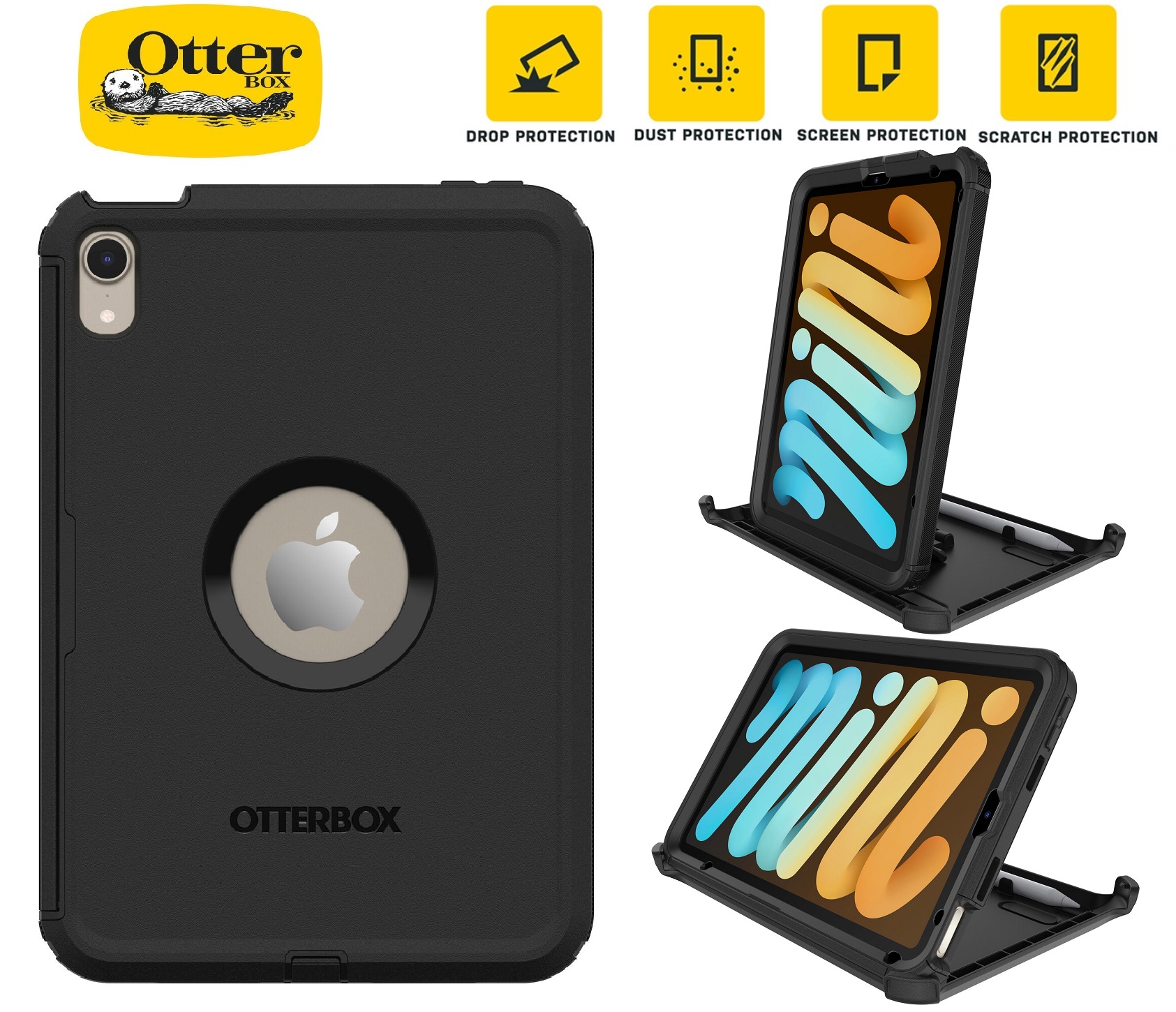 OtterBox Defender Series Case for Apple iPad Mini A17 Pro (7th Gen) & iPad Mini 8.3" (6th Gen) - Black, DROP+ Military Grade Protection, Built-in Screen Protector, Kickstand